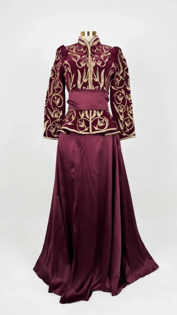 Un Karakou avec une jupe évasée avec une légère fente, couleur cerise