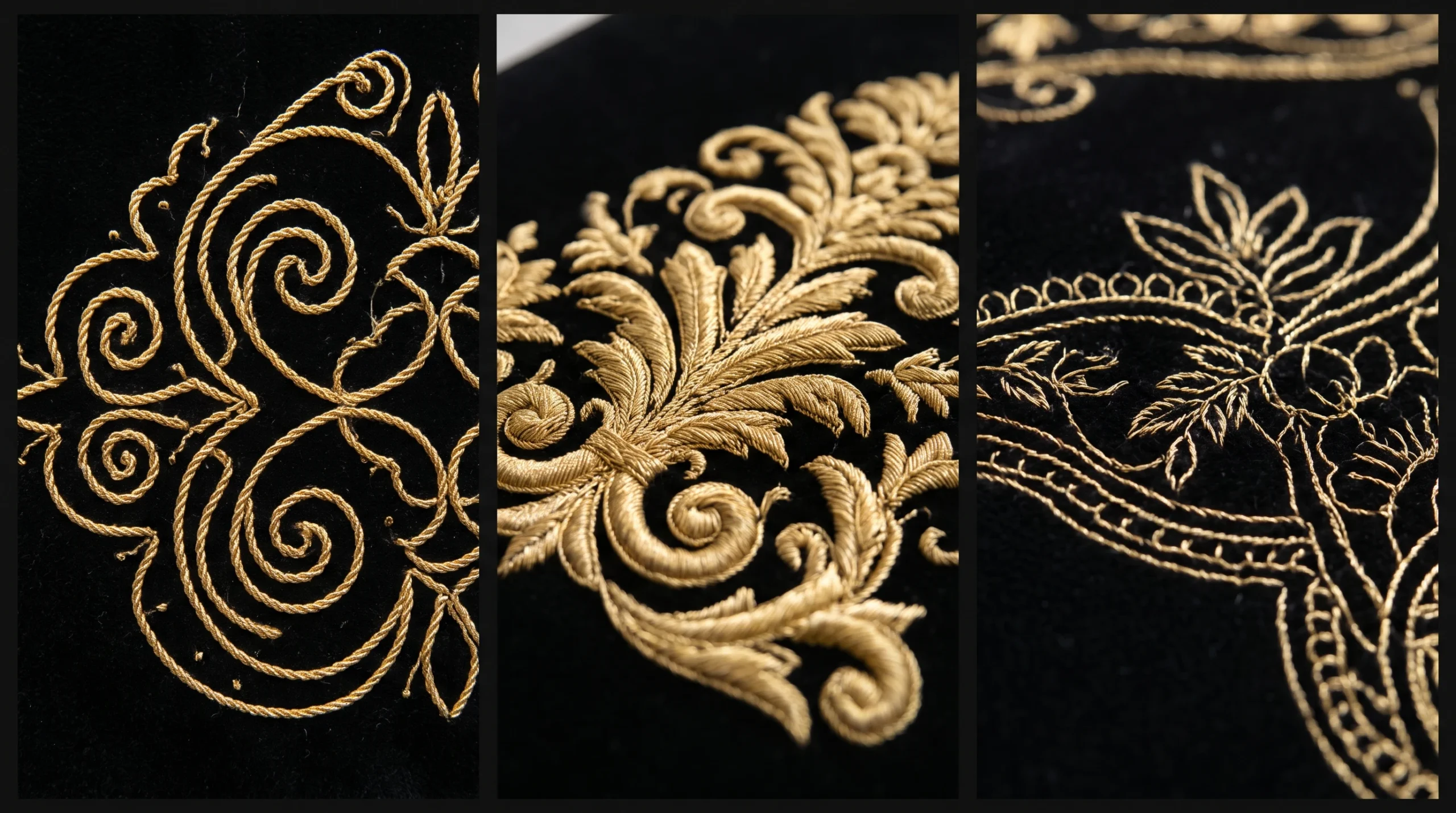 Comparaison visuelle entre broderie fetla majboud et fil chaara sur velours algerien